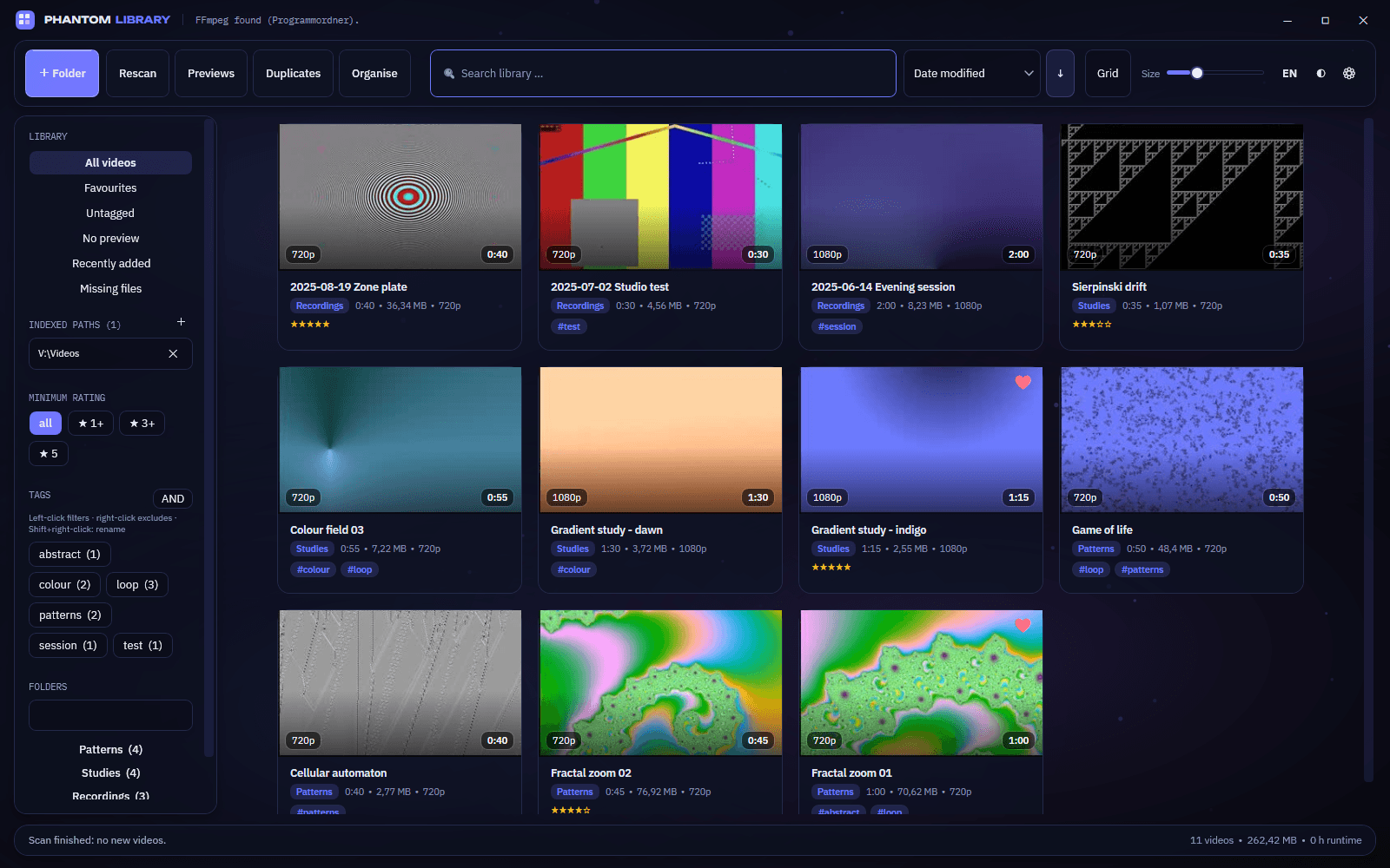 Phantom Library showing eleven videos as tiles with resolution, length, folder, tags and star ratings, and the sidebar with filters, tags and folders