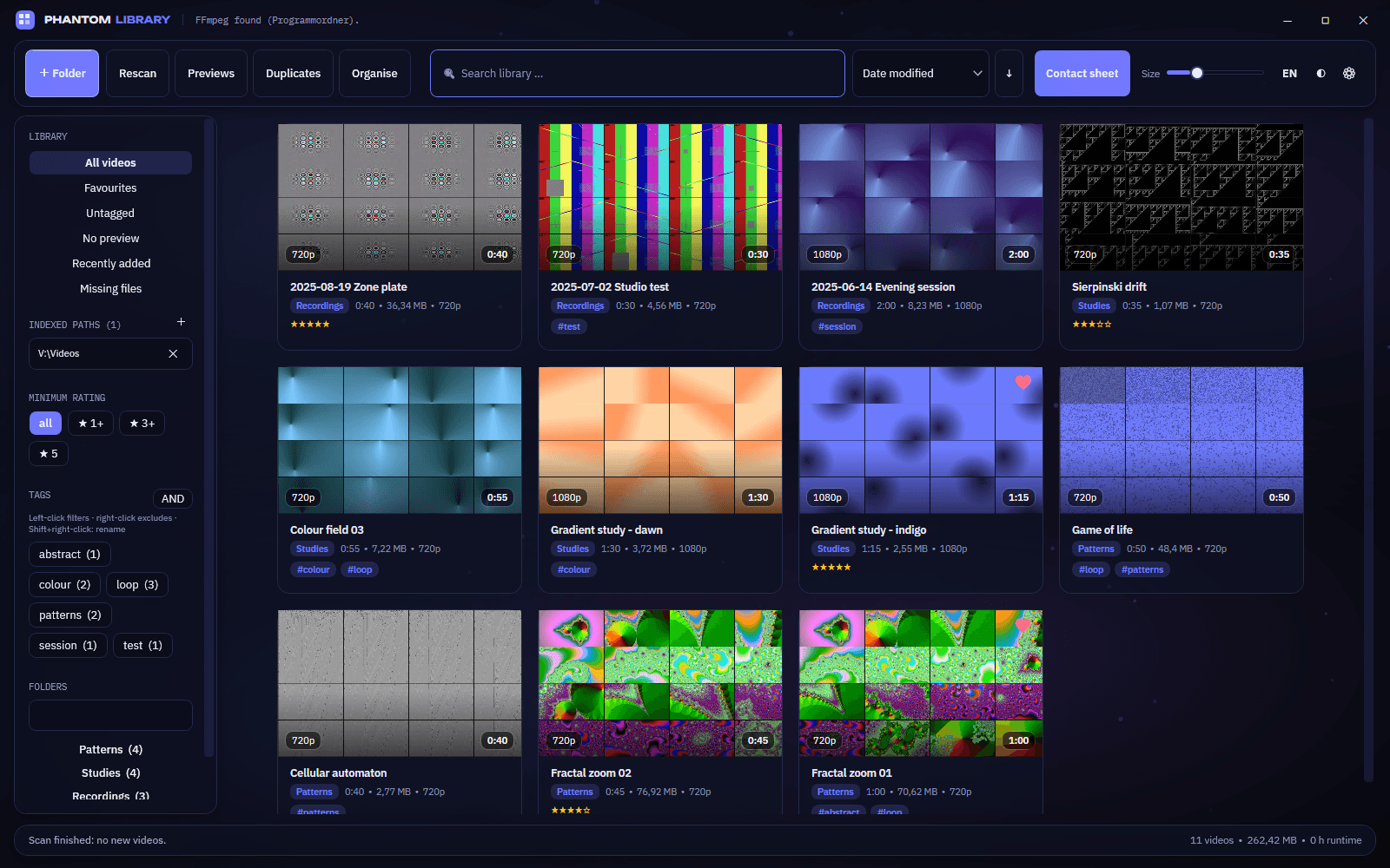 The same library in contact-sheet view: every tile shows its full grid of preview frames