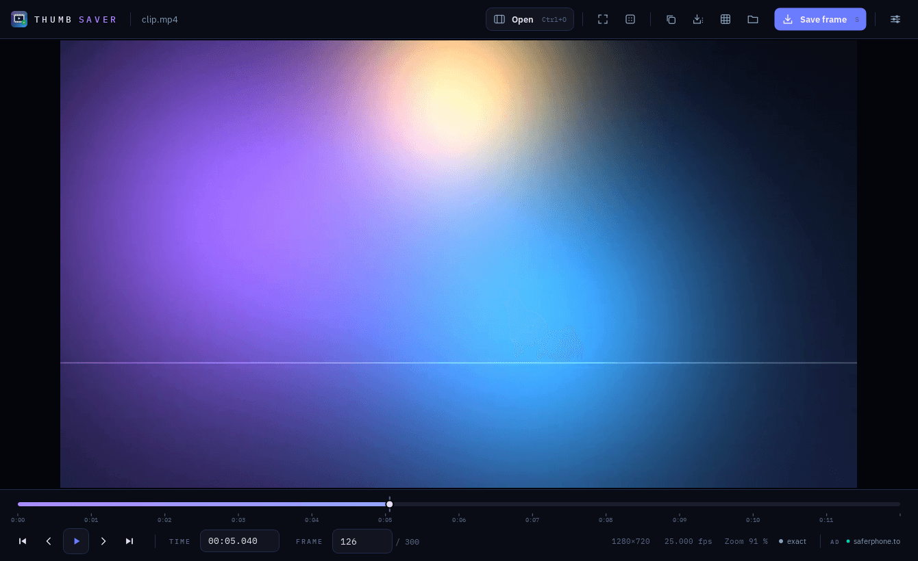 thumbsaver showing frame 126 of 300 of a video at 1280×720 and 25 fps, with the film-strip timeline below it