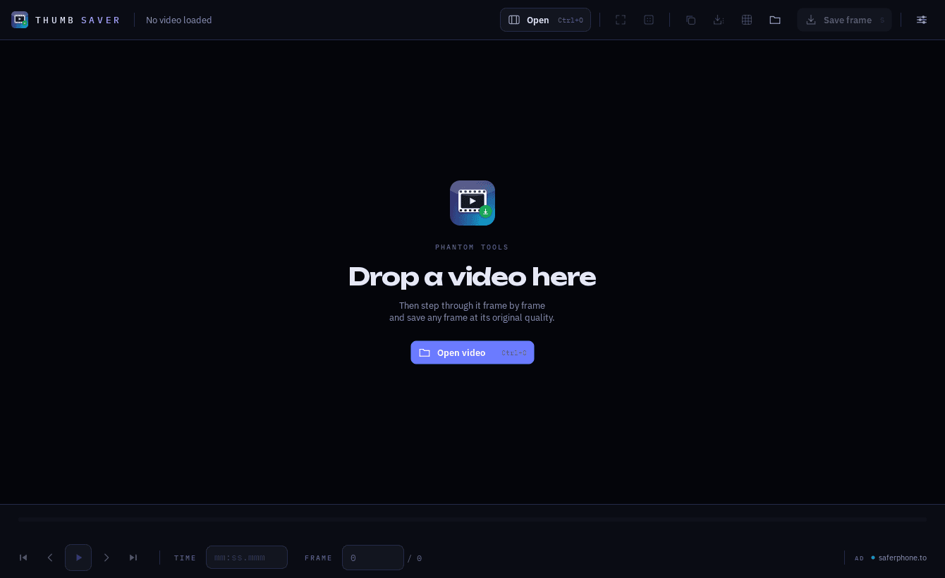 thumbsaver's start screen with the invitation to drop a video onto the window