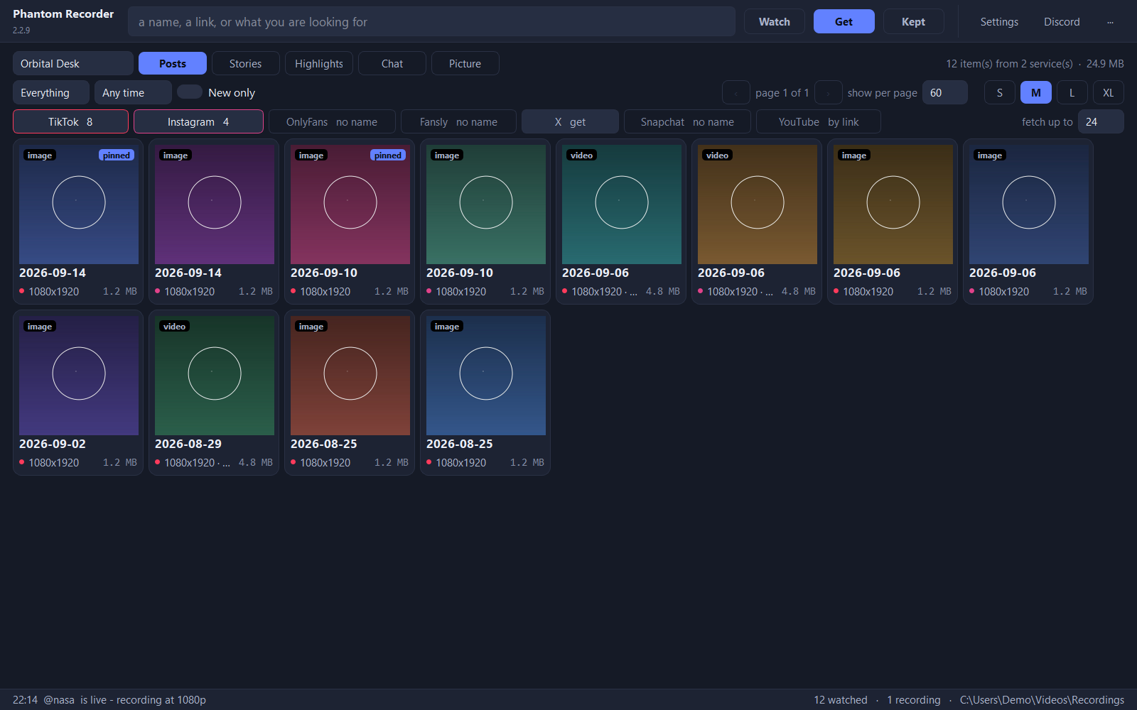 Get: a grid of posts fetched from TikTok and Instagram for one person, with filters and tile sizes.