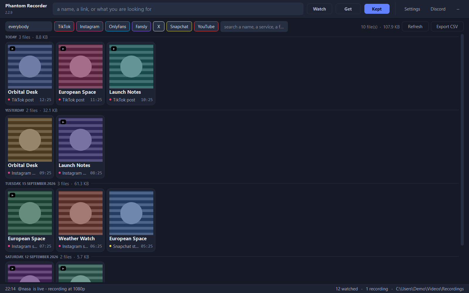 Kept: saved files grouped under Today, Yesterday and earlier dates, filterable by person and service.